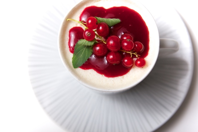 Vanilla Panna Cotta with Red Currant and Raspberry Coulis
