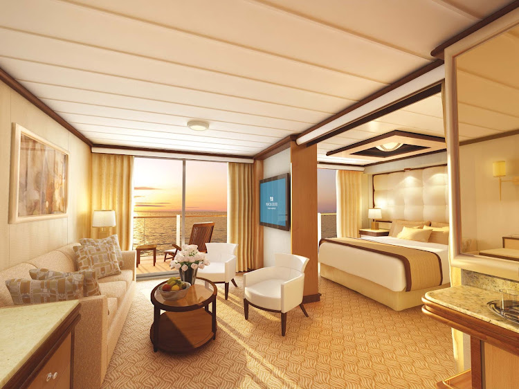 Choose a Suite on your Princess ship to get a separate sitting area and coffee table, furnished balcony, large walk-in closet, two flat-panel TVs, a twin or queen bed and exclusive amentities. Discuss the room that's right for you with a Cruiseable travel professional. 

