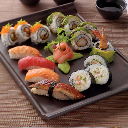 The Variety Sushi Platter with Solsitce Roll presented in the Celebrity Cruises's Silk Harvest restaurant.