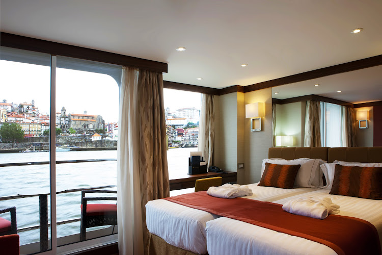 A twin balcony stateroom aboard AmaVida. The 106-passenger ship features balconies in the majority of its staterooms, which range up to 323 square feet.