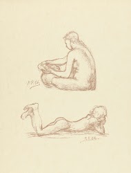 Studies van naakte zittende vrouw en liggende jongen