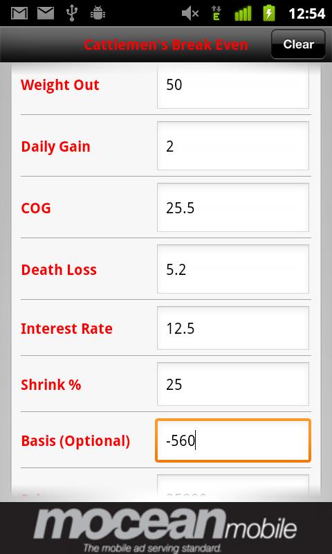 Cattlemen’s Break Even Calcula Screen 3
