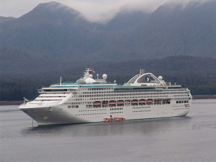 Dawn Princess in Sitka Alaska, operating tenders (small ships to ferry passengers). 