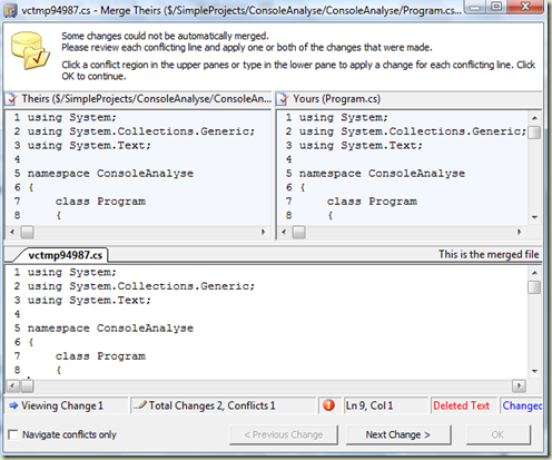 Microsoft's Team Explorer built in Merge tool for Visual Studio