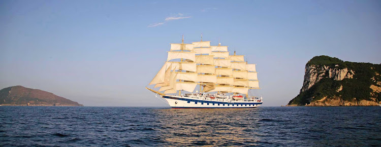   Royal Clipper, the world's only five-masted full-rigged sailing cruise ship, in Capri, Italy. 