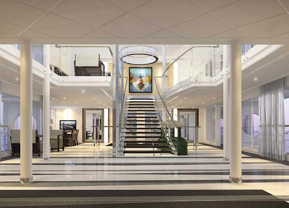 Viking-Longship-Foyer - During your European cruise on a Viking Longship, you'll rendezvous with fellow guests in Viking Alsvin's spacious foyer before embarking on an excursion ashore. 