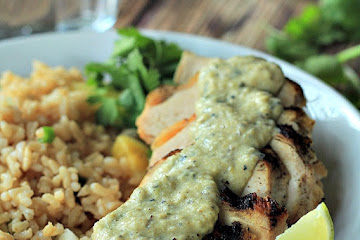 Grilled Chicken with Tomatillo Roasted Poblano Cream Sauce