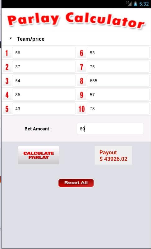 Parlay Calculator Screen 2