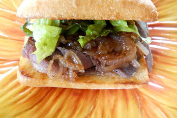 Grilled Flank Steak Sandwich with Sweet Onion Marmalade and Pear Horseradish Mustard