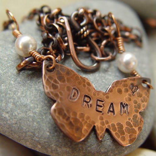 DREAM handstamped copper vegan pearl necklace