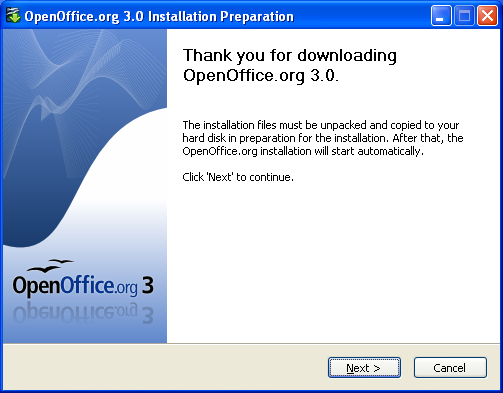 Screenshot: How to install OpenOffice.org 3.0 in a network installation: the opening dialog