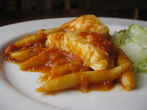 Rock Cod with Gnocchi "Worms" in Tomato Sauce
