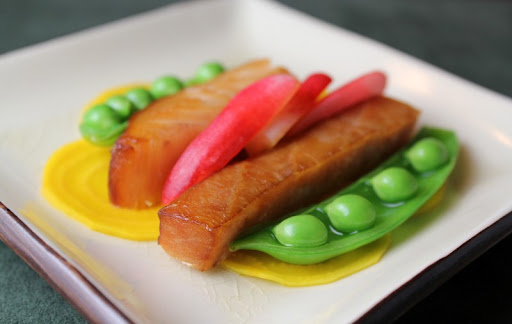 Smoked Fish Duo with Peas and Quick-Pickled Breakfast Radish and Beet