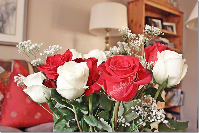 red and white roses with logo