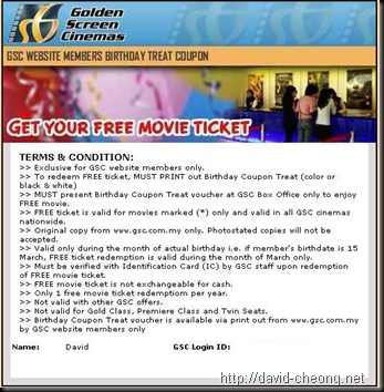 GSC Brithday free movie ticket