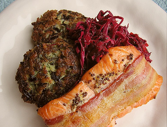 Bacon-Wrapped Salmon with Wild Rice Risotto Cakes & Vinegary Slaw