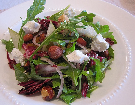 Fall Salad of Pears, Hazelnuts, Shallots, Golden Raisins & Goat Cheese