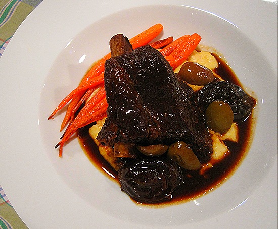 Braised Beef Short Ribs with Brandy, Prunes & Green Olives; Parmesan Polenta; Roasted Carrots