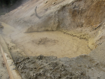 A boiling pool of mud by the road.