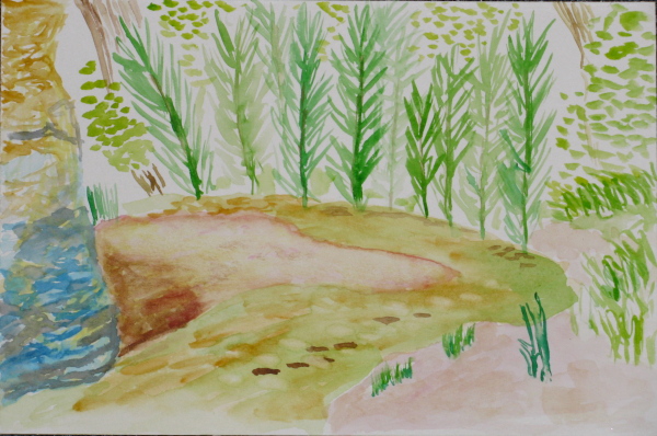 watercolor of the bend in the river