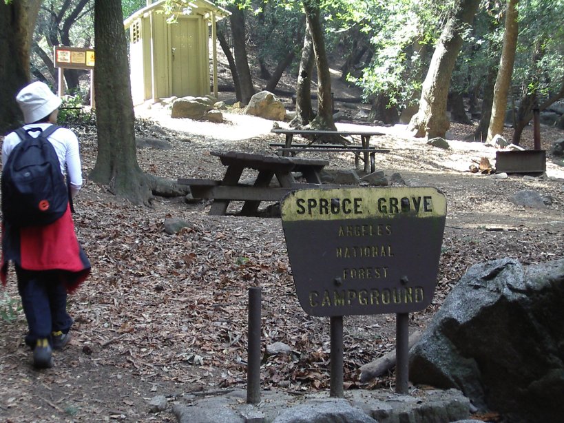 Spruce Grove campground sign, tables, and biffy.