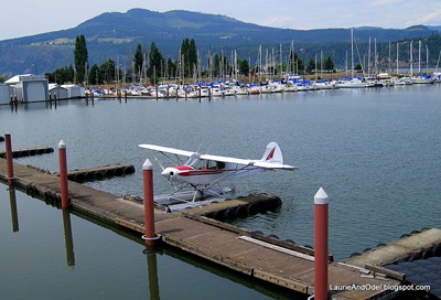 Seaplane at the dock in Hood River, with the marina behind.