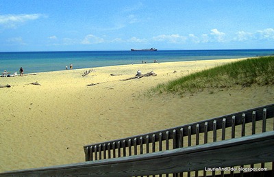The beach at Whitefish Point, with a big freighter in the far distance.