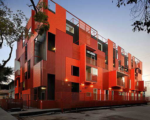 apartment complex plans. Unique red building