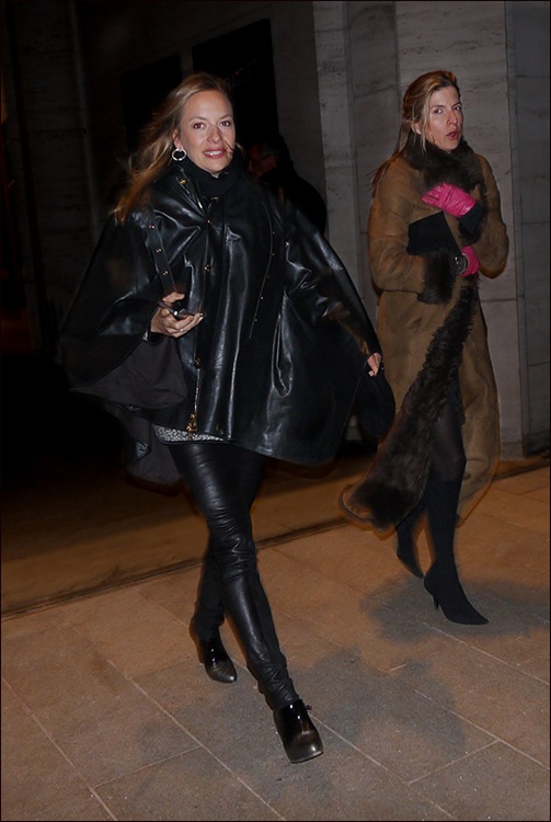 w all black leather cape 2 tone black to silver shoes  long fur lined coat