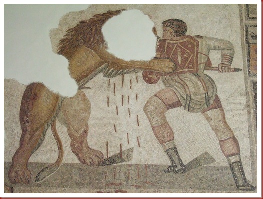565 -  Túnez, Museo Nacional del Bardo. El bestiare Bellunaire matando un león en el circo.