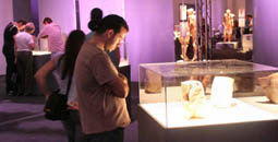 Image shows man looking into glass case at indistinct exhibit