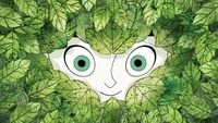 Still from The Secret of Kells showing a young girl's eyes peering out through green leaves