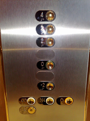 photo of buttons in the office elevator; there's a button for floors -2, 0, 2, 3 and 4 but no -1 or 1
