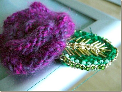 Magenta mohair rose with beaded leaf