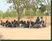 The children gather under a tree for the Sunday school lesson