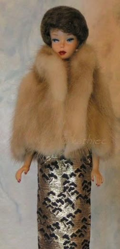 Mattel Barbie doll brownette bubblecut mink jacket stole Sears Exclusive Lame Lamé Sheath Fashion Pak 1960s