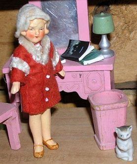 Bisque dollhouse doll flapper German Strombecker furniture 1920s 1930s