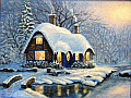 winter scene with a cottage near the forest