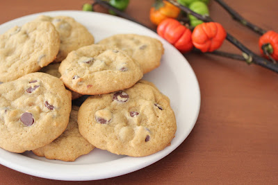 photo of a plate of pumpkin chocolate chip cookies