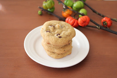 close-up photo of a stack of pumpkin chocolate chip cookies