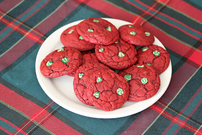 a plate of Red Velvet Chocolate Chip Cookies