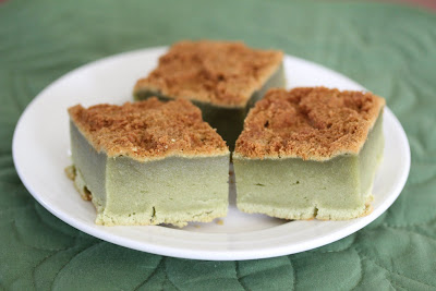 photo of three slices of Matcha mochi cake on a plate