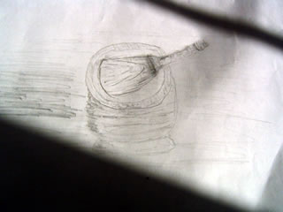 Sketch of a wooden mortar and pestle