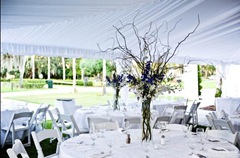 tall white and blue wedding arrangement