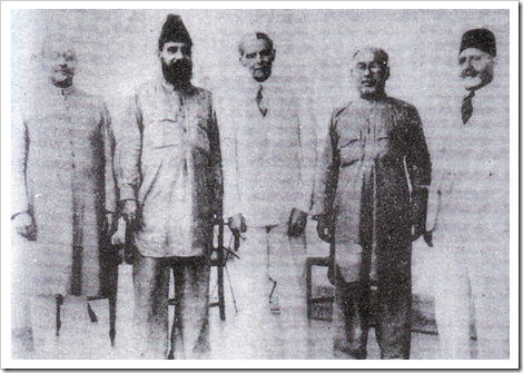 Quaid-e-Azam with Liaquat Ali Khan, Allama Mashraqi. Barrister Mian Ahmed Shah and Sir Ziauddin Ahmed