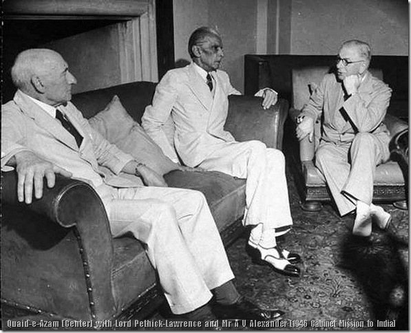 Quaid-e-Azam Mohammad Ali Jinnah with Lord Pethick-Lawrence and Mr A V Alexander (1946 Cabinet Mission to India)