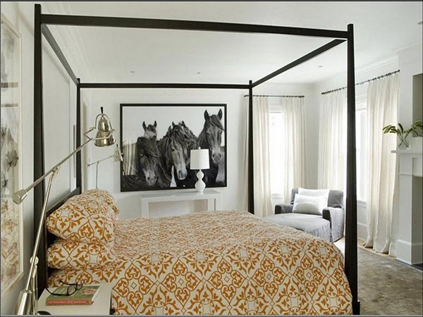 eric_roth_bedroom_wood_canopy_bed_four_poster_orange_bed_spread_horse_photo_wall_hanging_picture_white_curtains_drapes_modern