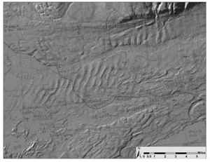 This map shows the flood-formed dunes in the area of Wasilla, Alaska. Flood waters flowed from right to left across the image. The dunes reach more than 110 feet high and are spaced more than a half-mile apart [Credit: Michael Wiedmer]