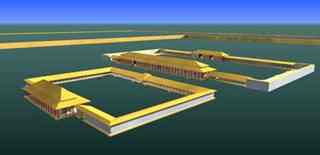 Reconstruction courtesy Professor Zhichun Jing. This picture shows the buildings from the back. F2, the second largest building in Huanbei, is in the foreground. "F1" The largest structure ever found in Bronze Age China is behind it. Both buildings were part of a palace-temple complex, that was made up of more than 60 individual structures. 