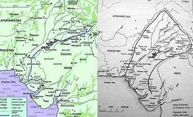 Map showing the flow of Saraswati from "mountain to the sea"(Left); Area covered by Indus civilization (of which, as you can see, Saraswati an integral part) and its overlap with the area covered by early Vedic Civilization.(Right)